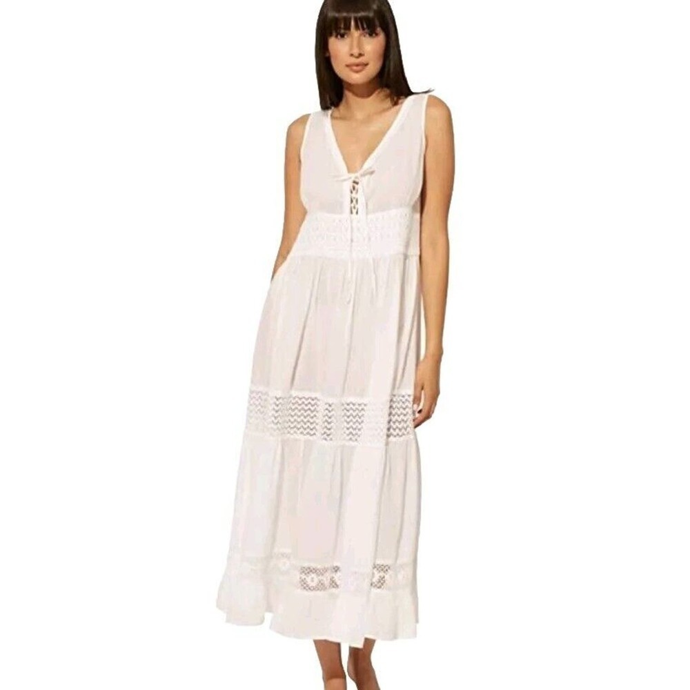 Blue Rod Beattie India Bazaar White Maxi Dress Womens Medium Crochet Sleeveless
